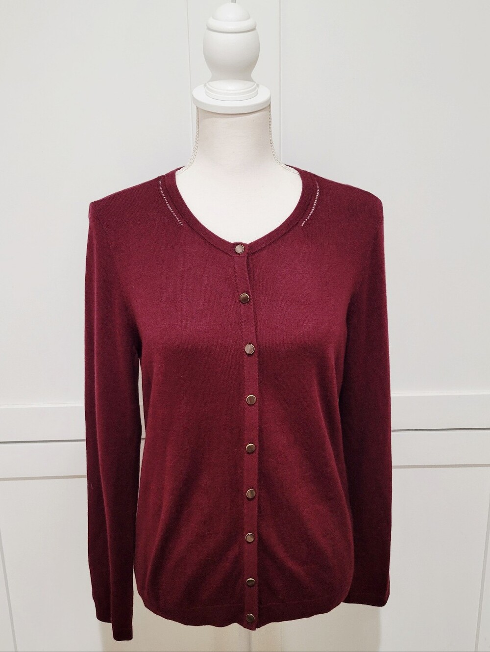 Talbots Burgundy 100% Cotton Gold Button Cardigan Women's Large Petite